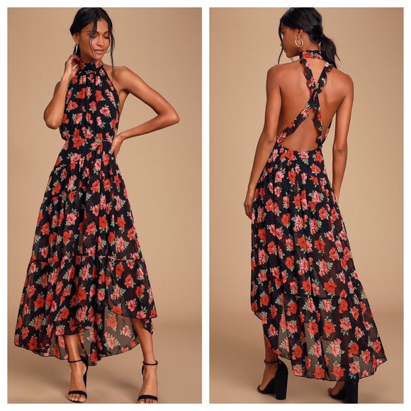 Lulu’s Jane Anne Black Floral Halter Maxi Dress - Picture 2 of 6